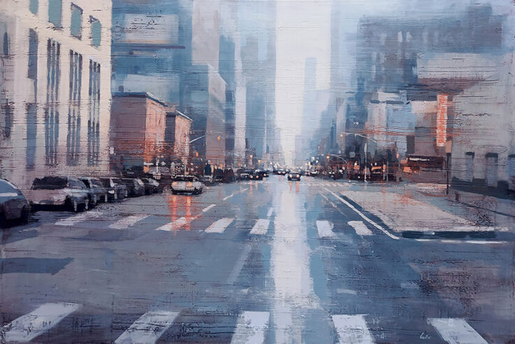 Quadro; dipinto; Taxi a New York, Pioggia; acrilico su tela; Claudio Cionini;